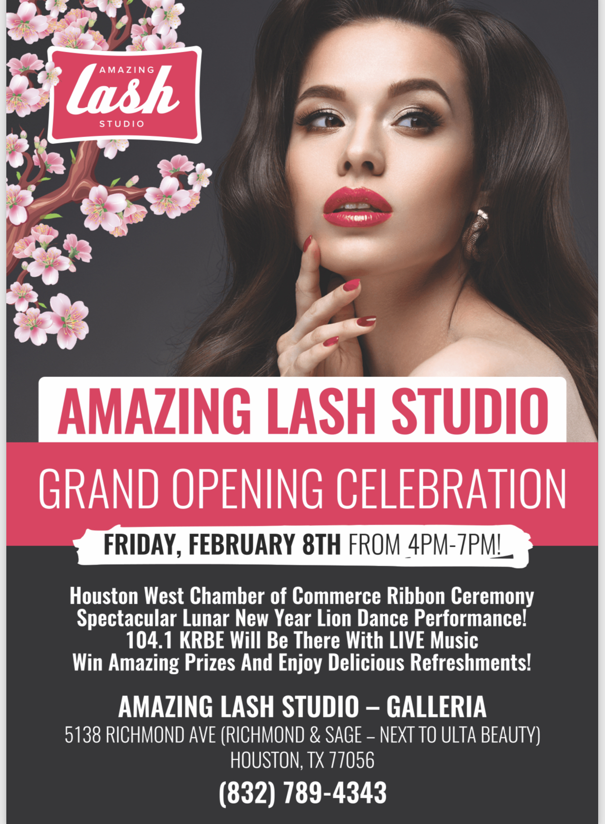Amazing Lash Grand Opening flier for the Galleria Studio
